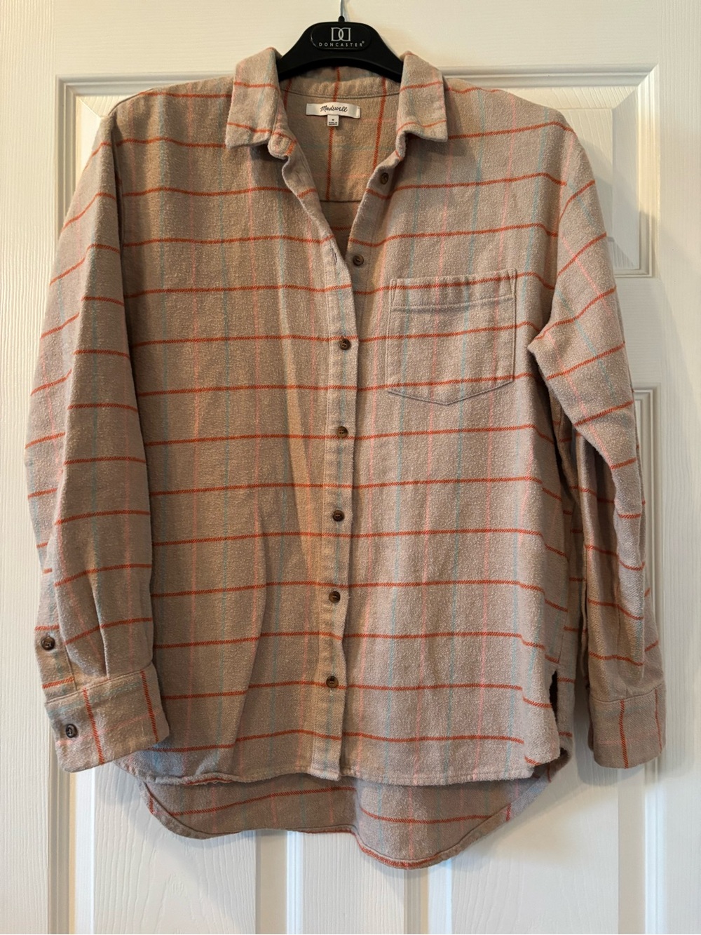 Madewell Beige Button-Up Shirt with Orange Windowpane Stripes Size M